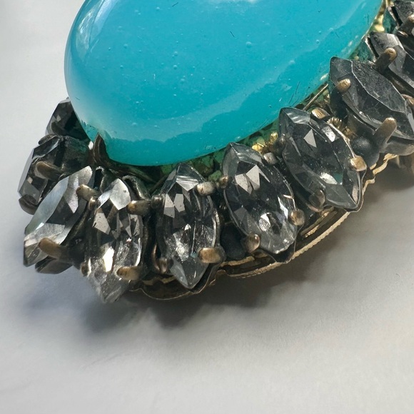 Vintage 1960s French Couture Turquoise Glass Bead Rhinestone Filigree Brooch